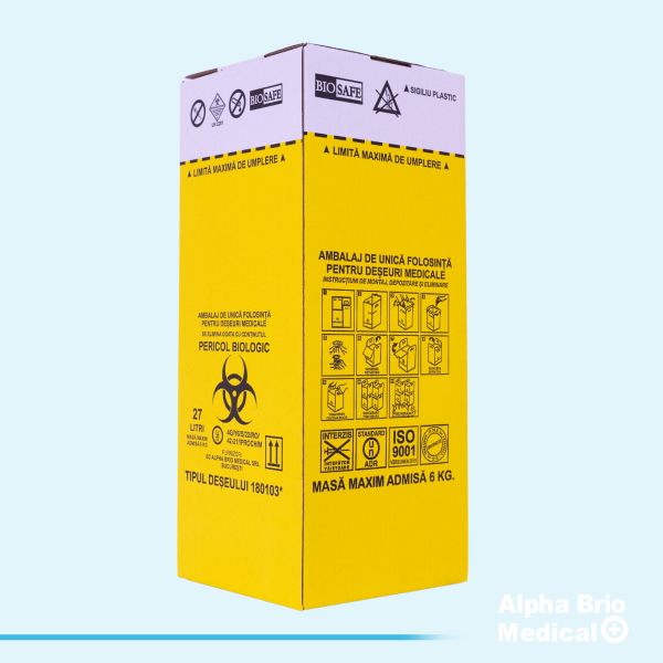Cutii carton 27 L pentru incinerare cu sac galben inclus BIOSAFE